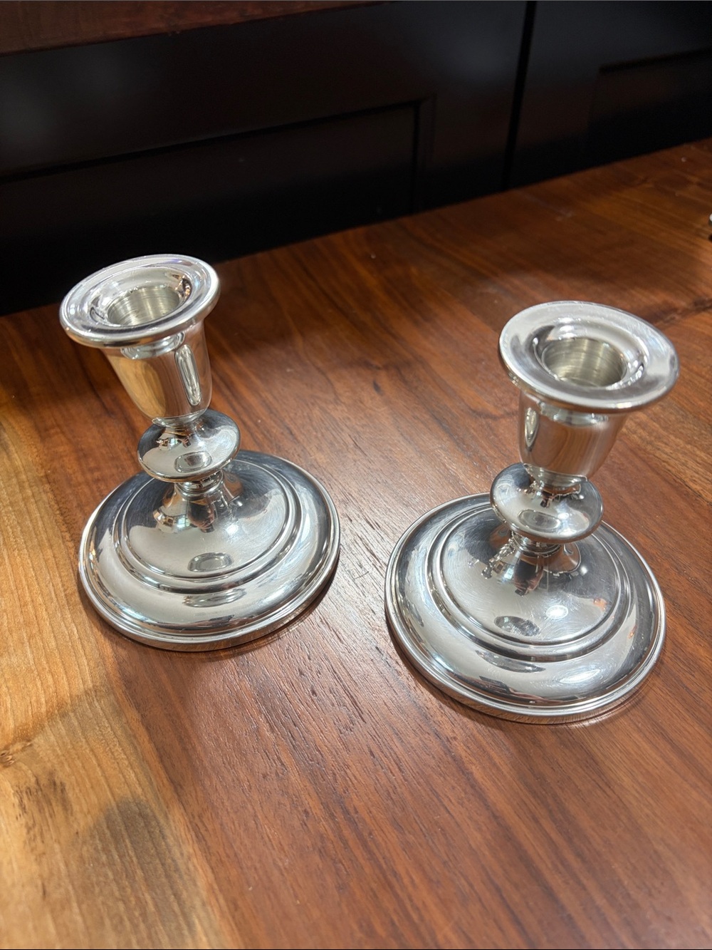 Pair of Silver Tone Candle Holders with Classic Round Base